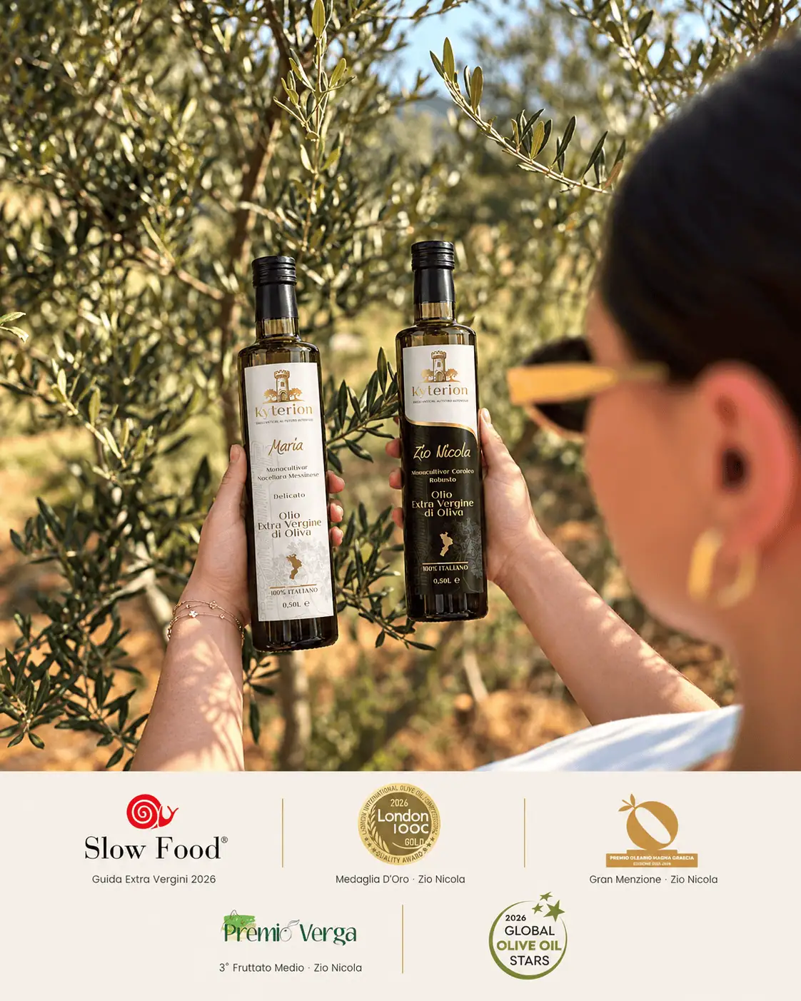 Bottiglie di olio extravergine biologico Kyterion Maria e Zio Nicola nell’uliveto
